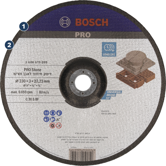 Disco de corte para piedra Bosch PRO de 230 mm para materiales pétreos.