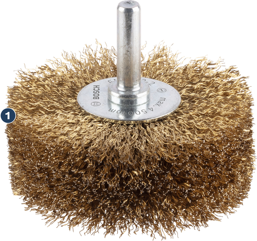 Bosch PRO Wood clean ståltrådsskiva, mässingsbelagd för rengöring.