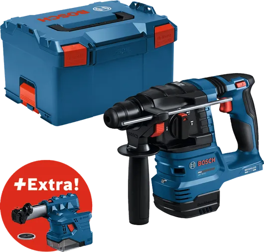 Bosch GBH 18V-22 Bohrhammer mit Koffer und Staubabsaugung.
