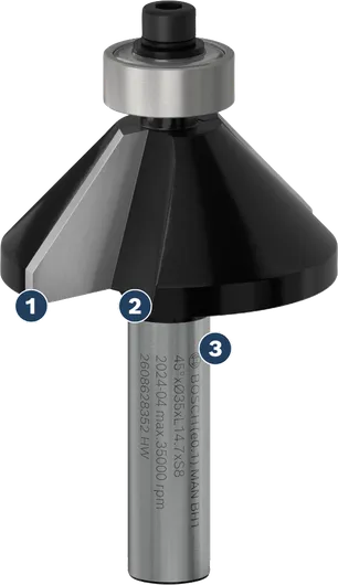 Bosch chamfer router bit for angled edge cutting.