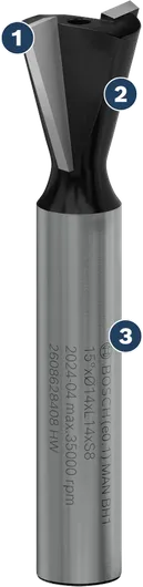 Bosch dovetail router bit for precision woodworking.