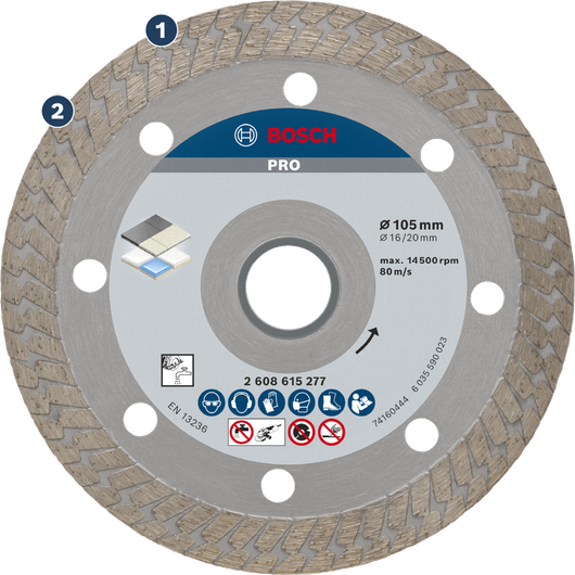 Disco de corte de diamante cerámico duro Bosch PRO de 105 mm.