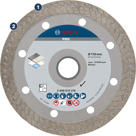 Disco de corte diamantado de cerâmica dura Bosch PRO, 110 mm.