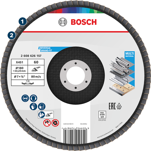Disque à lamelles Bosch X451 pour le meulage multi-matériaux.