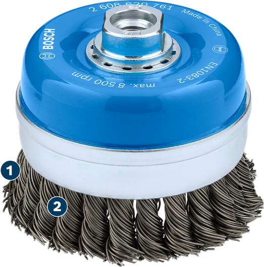 Cepillo de copa metálico pesado Bosch de 100 mm para amoladoras angulares.
