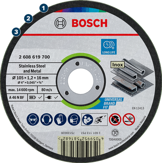 Bosch cutting disc for stainless steel and metal, long life.