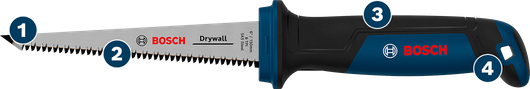 Sierra para paneles de yeso Bosch de 150 mm y 8 dientes por pulgada con mango ergonómico.