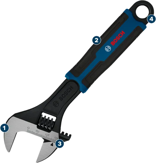Llave inglesa ajustable Bosch con mango ergonómico.