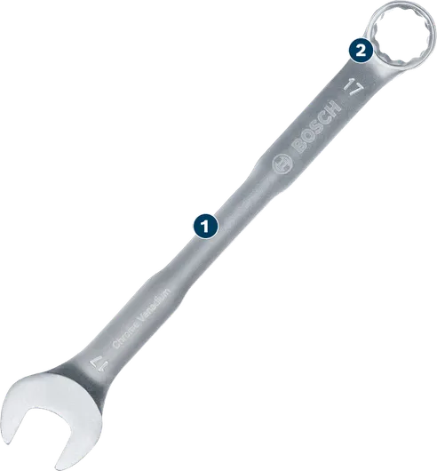 Llave combinada Bosch con extremos abiertos y de anillo de 17 mm.