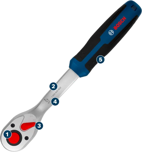 Llave de carraca Bosch con mango ergonómico.