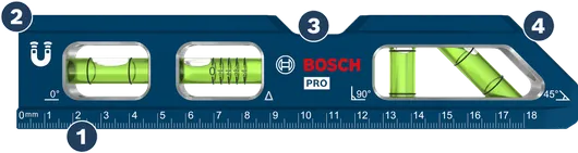 Nivel de burbuja magnético Bosch con regla y burbujas de ángulo.