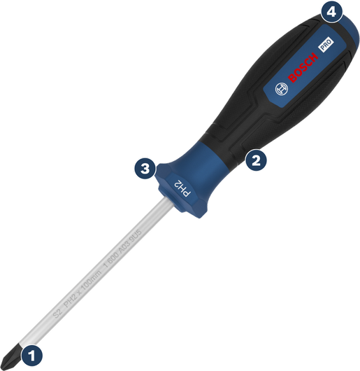 Destornillador Bosch PH2 con mango ergonómico.