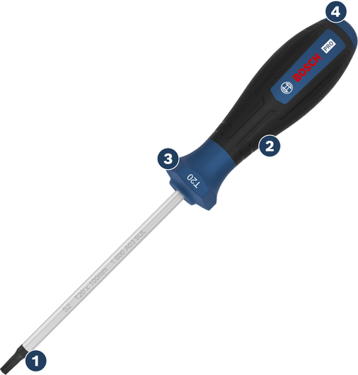 Destornillador Bosch con mango ergonómico.