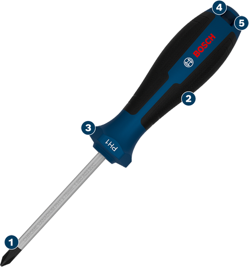 Destornillador Phillips Bosch con mango ergonómico.