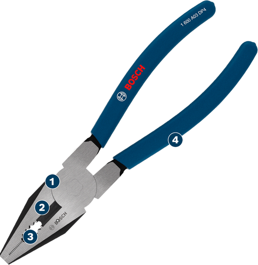Alicates combinados Bosch con mango antideslizante recubierto, 180 mm.