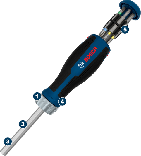 Destornillador de carraca Bosch con cargador de 12 puntas.