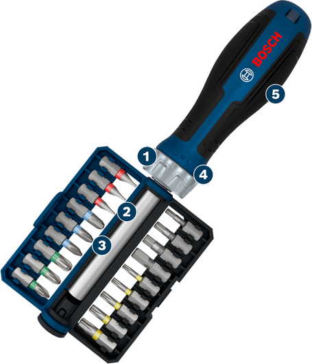 Juego de destornilladores Bosch de 20 piezas con puntas y carraca, con mango ergonómico.