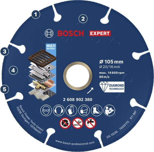 Bosch EXPERT Metall-Diamanttrennscheibe 105 mm für verschiedene Materialien.
