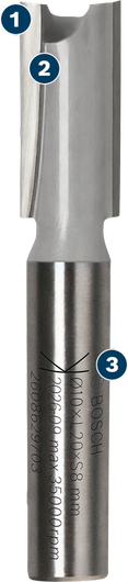 Bosch straight router bit for precise wood groove cutting.