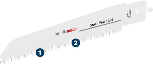 Bosch Green Wood fast M1131L HCS saw blade with sharp teeth.