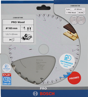 Bosch PRO Wood Circular Saw Blade 165 mm cordless promo pack.