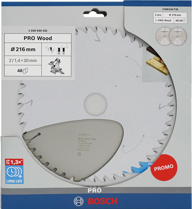 Bosch PRO Wood Circular Saw Blade 216 mm promo pack.