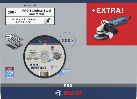 Kit Bosch GWS 750 com 200 discos de corte para metal, 125 mm.