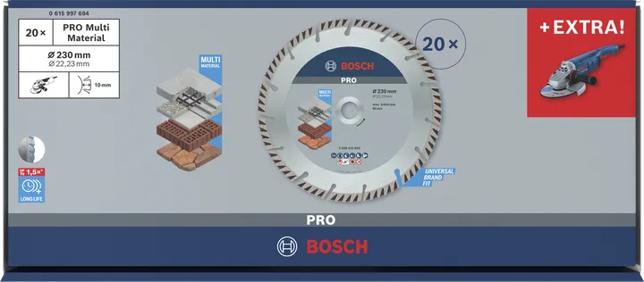 Disco de corte de diamante multimaterial Bosch PRO de 230 mm para corte universal.