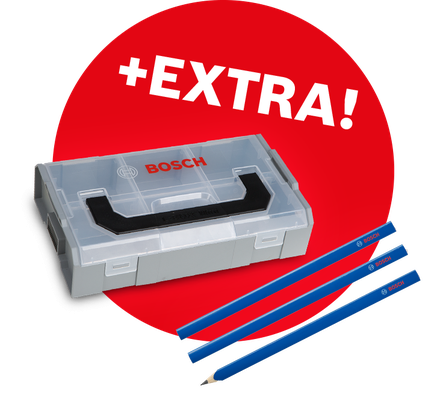 Bosch Mini L-Boxx mit drei Zimmermannsbleistiften.