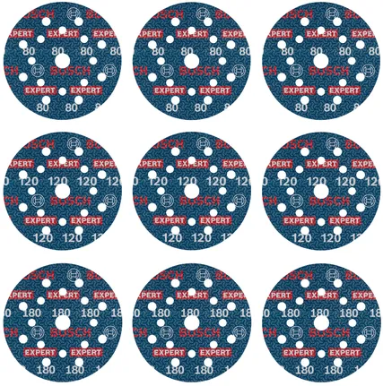 Bosch Professional Set de discos de lija para láminas EXPERT O780, 125 mm, G80 (3 uds.); G120(3 uds.); G180 (3 uds.), 9 unidades · 2608902407