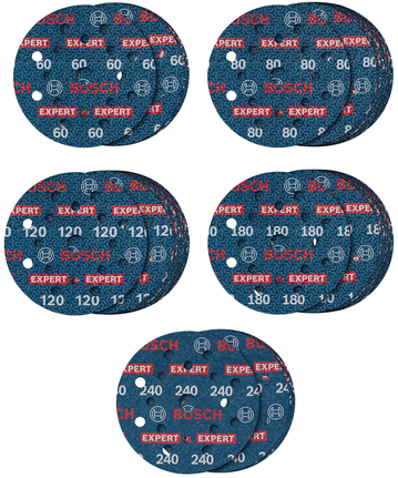 Bosch Professional Set de discos de lija para láminas EXPERT O780, 125 mm, G60 (5 uds.); G80 (15 uds.); G120 (15 uds.); G180 (15 uds.); G240 (5 uds.), 55 unidades · 2608902429
