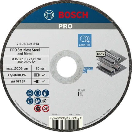 Bosch Professional Disco de corte abrasivo PRO Stainless Steel and Metal, 150 x 1,6 x 22,23 mm, recto · 2608601513