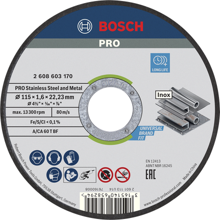 Bosch Professional Disco de corte abrasivo PRO Stainless Steel and Metal, 115 x 1,6 x 22,23 mm, recto · 2608603170