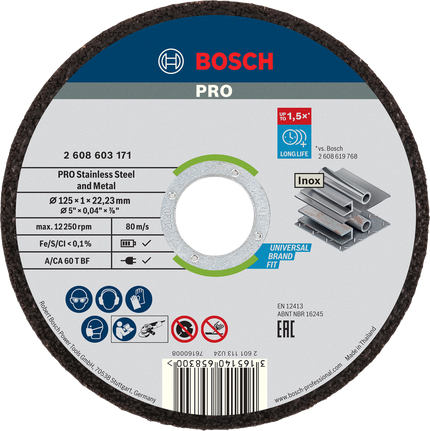 Bosch Professional Disco de corte abrasivo PRO Stainless Steel and Metal, 125 x 1 x 22,23 mm, recto · 2608603171