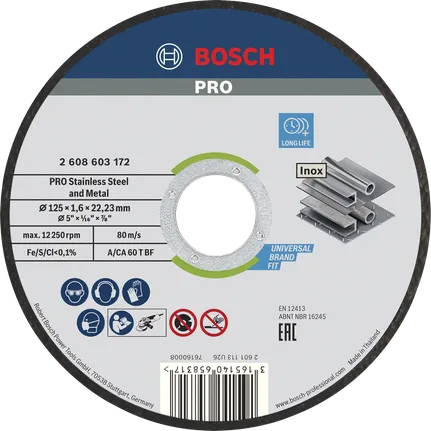 Bosch Professional Disco de corte abrasivo PRO Stainless Steel and Metal, 125 x 1,6 x 22,23 mm, recto · 2608603172