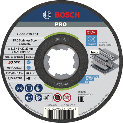 Bosch Professional Disco de corte abrasivo PRO Stainless Steel and Metal, 115 x 1 x 22,23 mm, X-Lock, recto · 2608619261