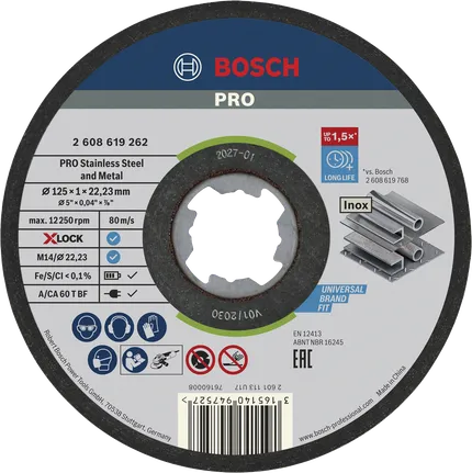 Bosch Professional Disco de corte abrasivo PRO Stainless Steel and Metal, 125 x 1 x 22,23 mm, X-Lock, recto · 2608619262