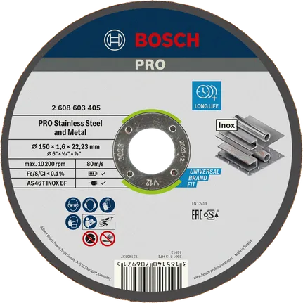 Bosch Professional Disco de corte abrasivo PRO Stainless Steel and Metal, 150 x 1,6 x 22,23 mm, recto, oSa · 2608603405