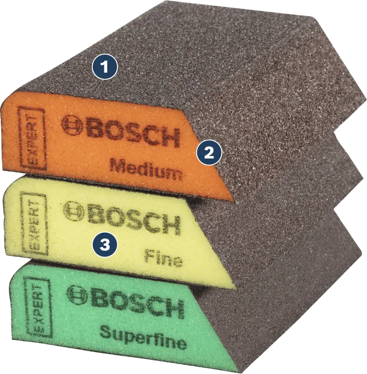مجموعة إسفنج الصنفرة من Bosch ذات الحبيبات المتوسطة والناعمة والفائقة النعومة.
