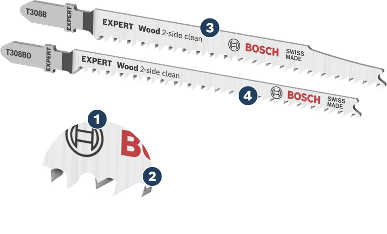 Bosch EXPERT Wood 2-side clean jigsaw blade set for precise wood cutting.