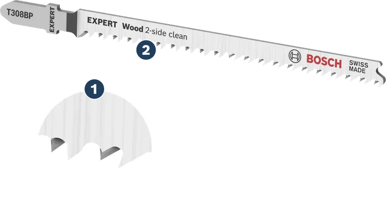 Bosch Expert T308BP jigsaw blade for clean wood cutting.