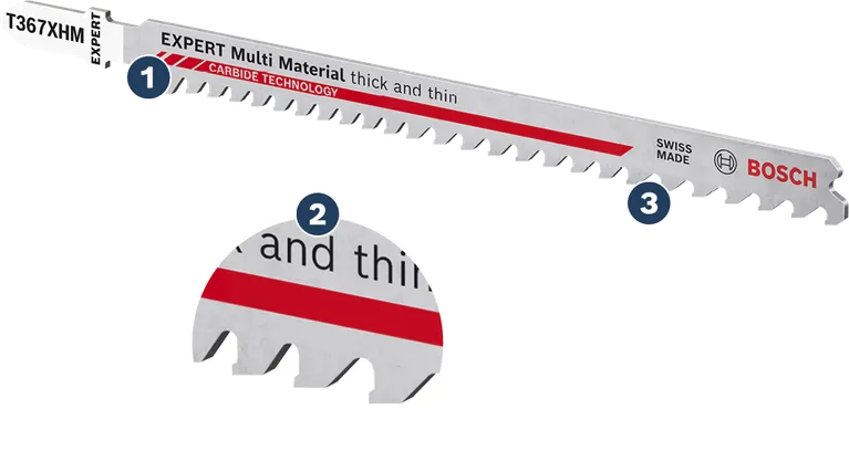 Bosch EXPERT Multi Material T367XHM jigsaw blade for thick and thin cutting.