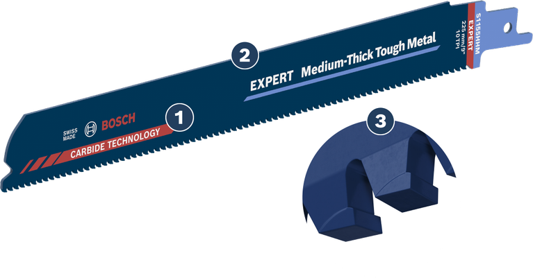 Bosch Expert reciprocating saw blade for medium-thick tough metal.
