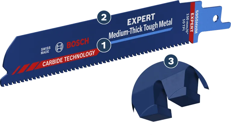Bosch EXPERT Medium-Thick Tough Metal S 955 HHM saw blade with carbide teeth.