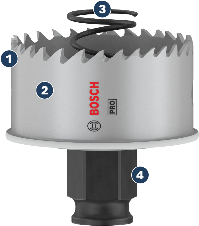 Bosch hole saw with carbide teeth and quick-change adapter.