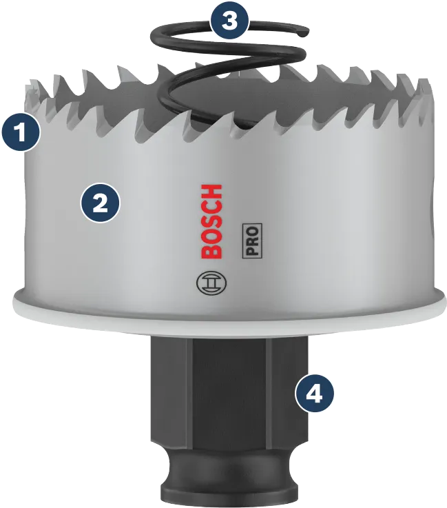 Bosch hole saw with carbide teeth and quick-change system.