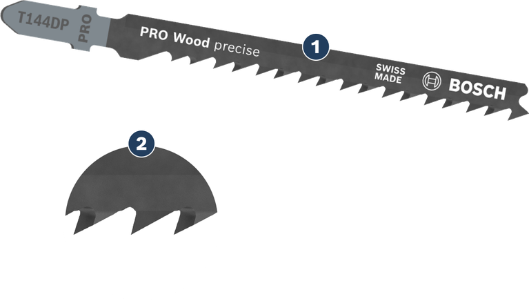 Bosch T144DP PRO Wood precise jigsaw blade for clean wood cuts.