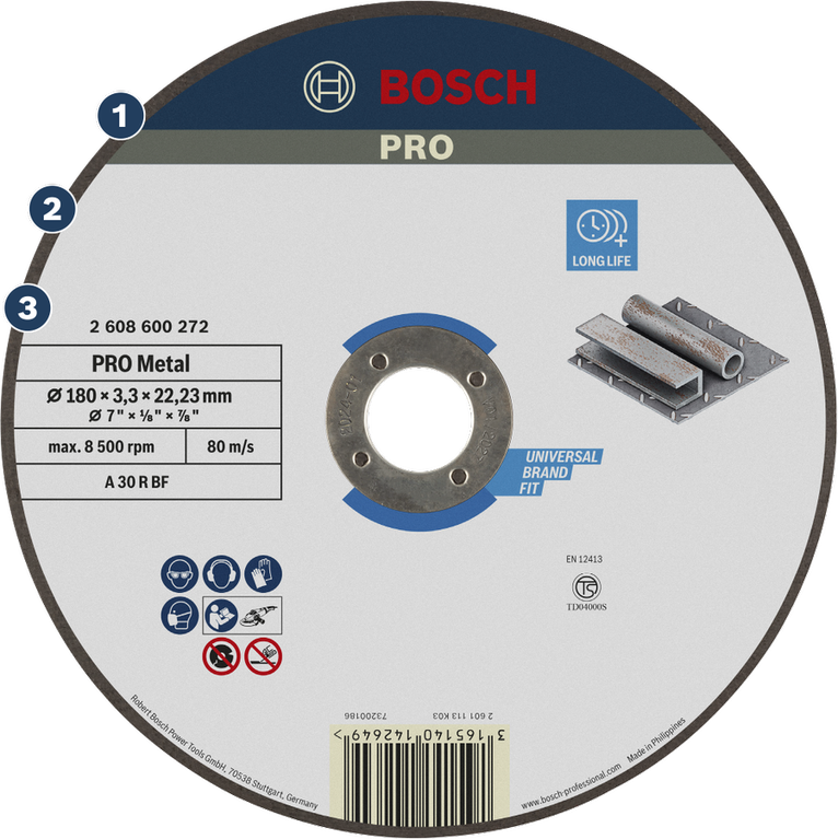 Disco de corte de metal Bosch PRO para una larga vida útil y un ajuste universal.