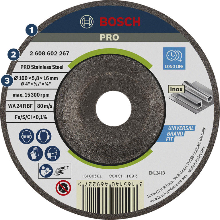 Bosch PRO stainless steel grinding disc 100 x 6 x 16 mm.