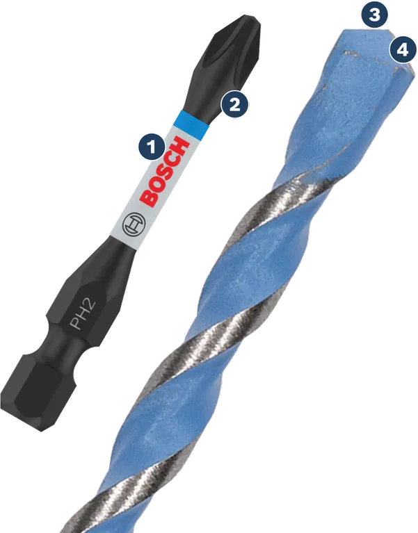 Embout de tournevis Bosch PH2 et foret hélicoïdal bleu pour bois.